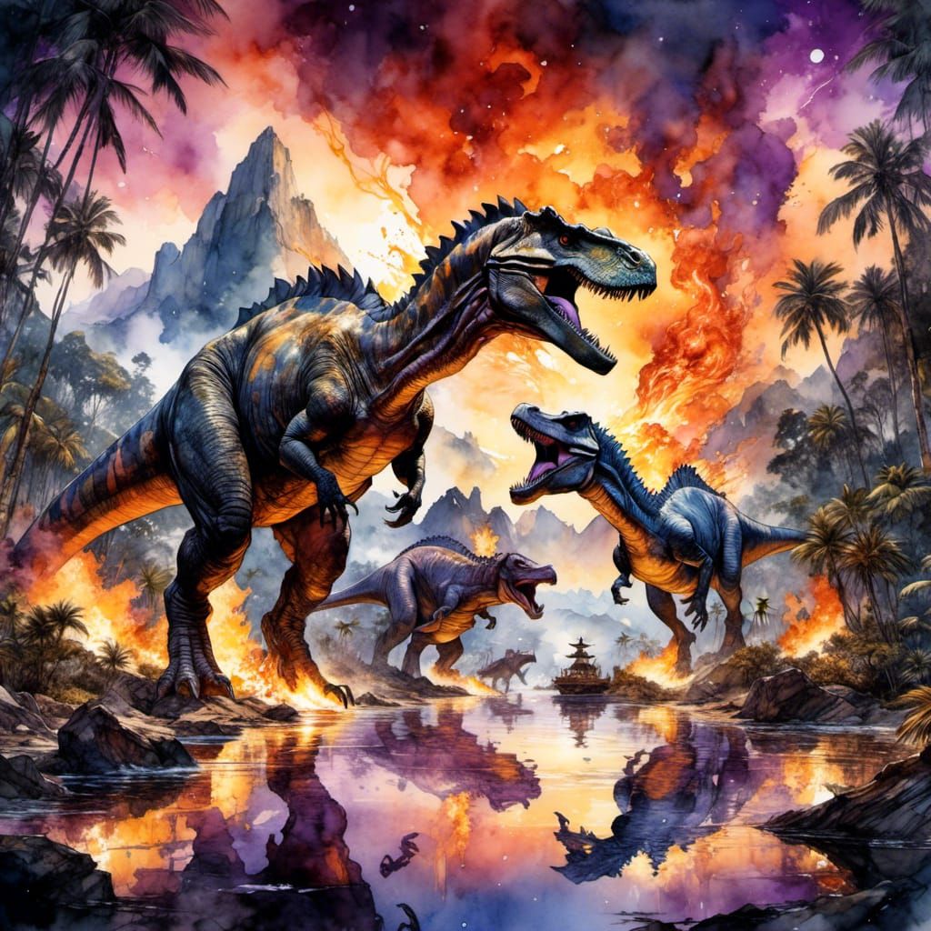 Dinosaurs Running From Asteroid Strike in Watercolor