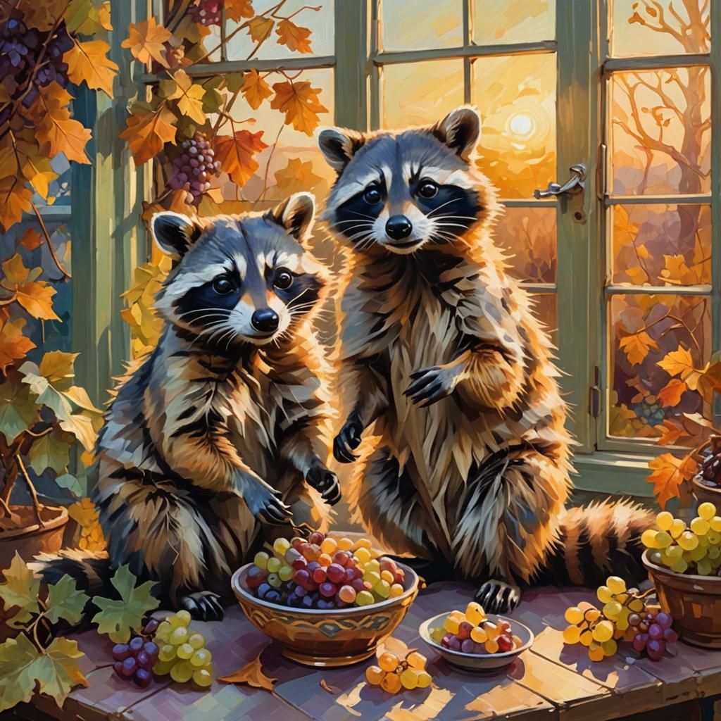 Raccoons Enjoying Sunset Grapes: An Impressionist Painting