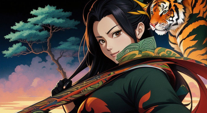 Vivid Origami Tiger in Japanese Landscape, Inspired by Hokus...