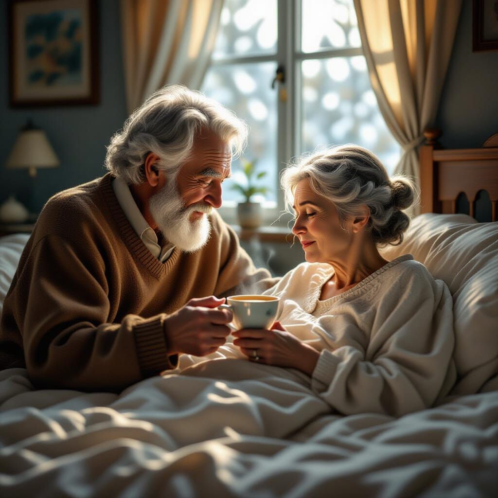 Elderly Man Tends to Sick Wife with Tea