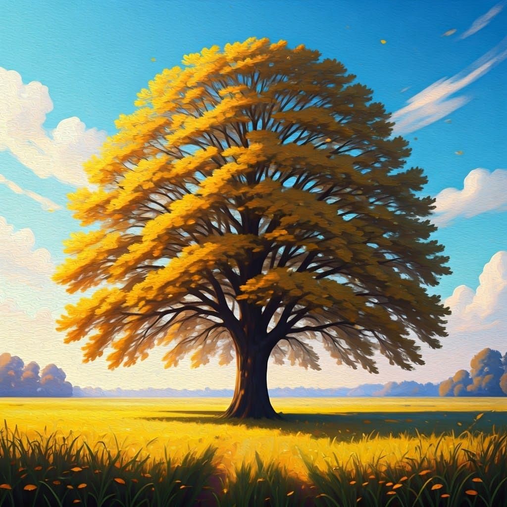 Golden Tree Landscape in Oil Painting Style