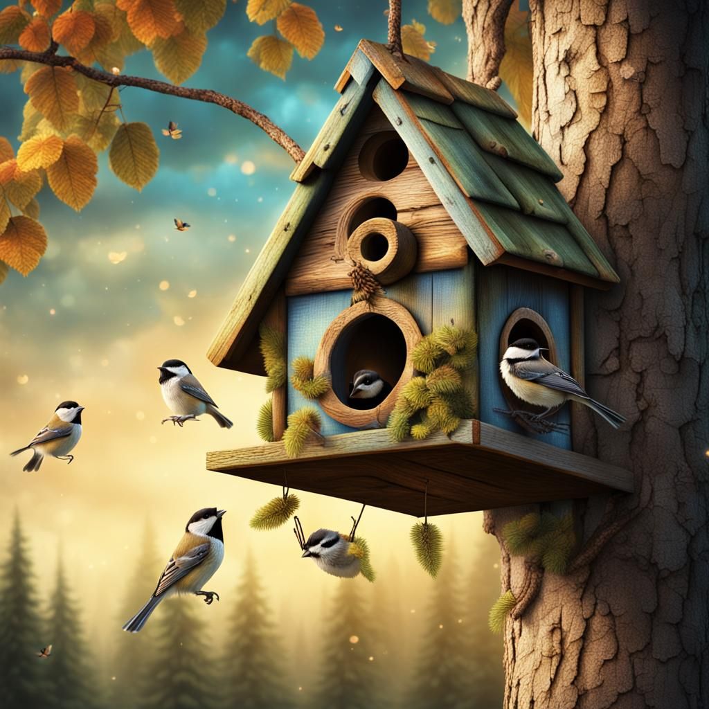 Chickadees Nesting in Birdhouse: Digital Matte Painting
