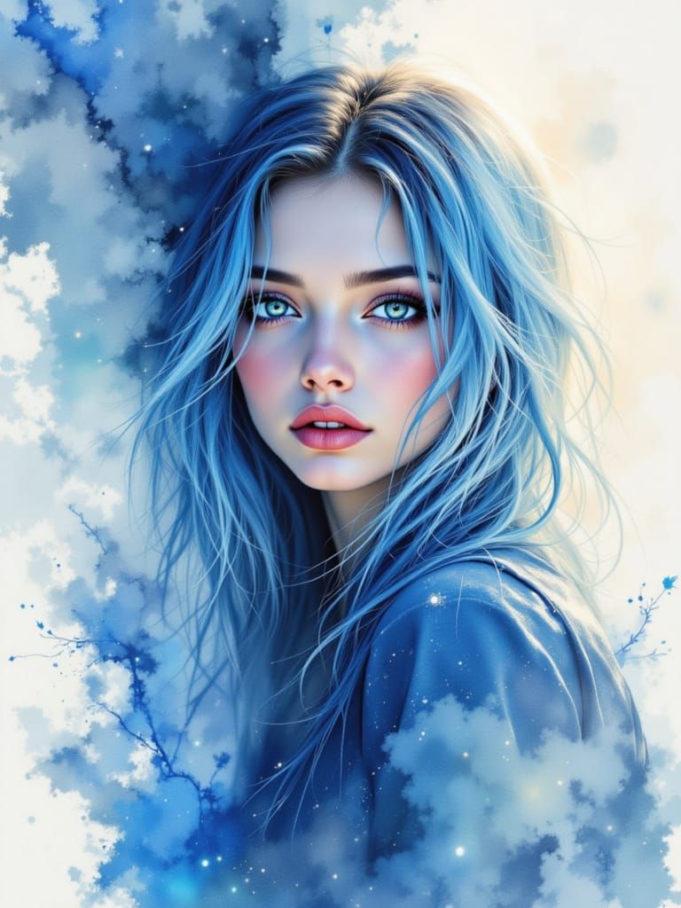 Woman Made of Sky in Moody Watercolor Style