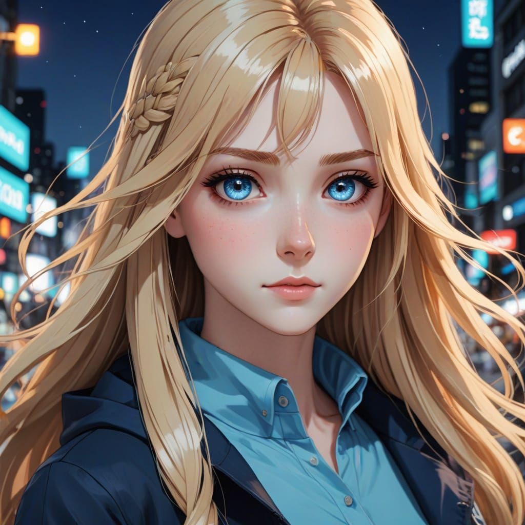 Cute Anime Girl with Blond Hair and Blue Eyes