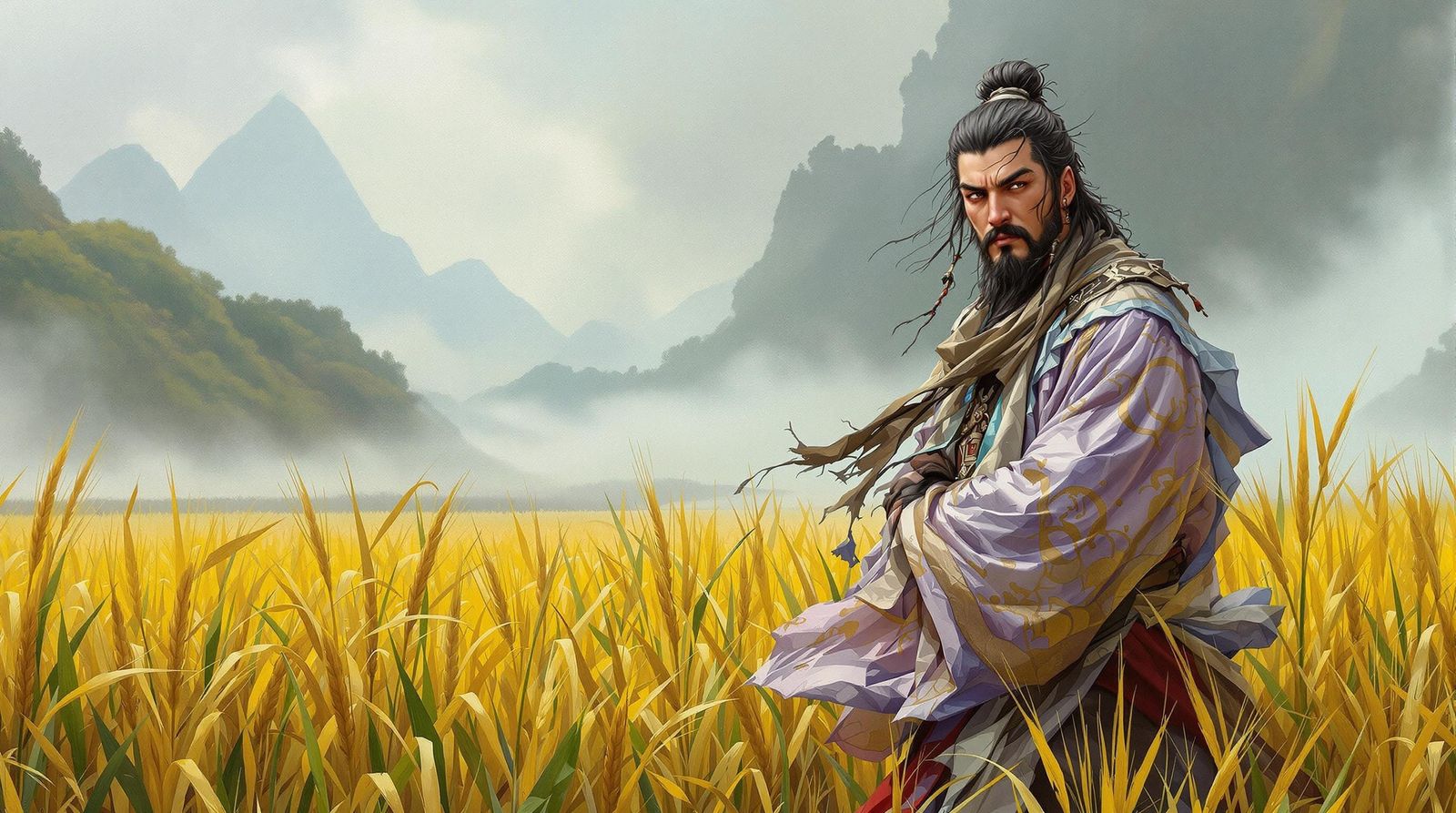 Ancient Chinese Bandit in Rice Field as Oil Painting