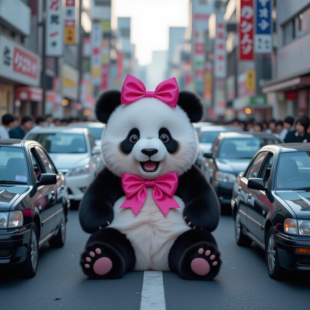 Surprised Panda in Tokyo Traffic Jam: 90s Photography Style