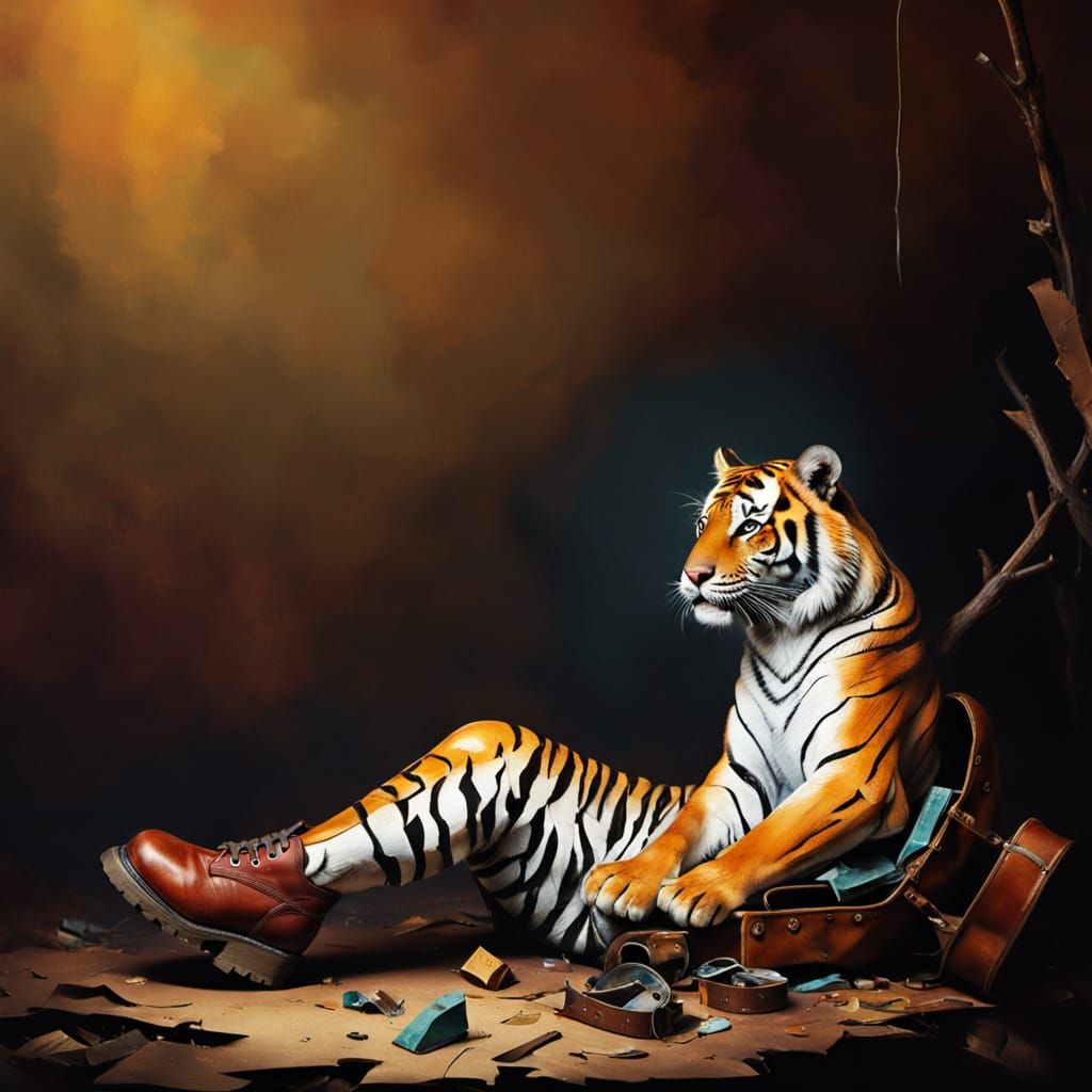 Surreal Tiger in Boot Amidst Junk, Dreamlike Photo