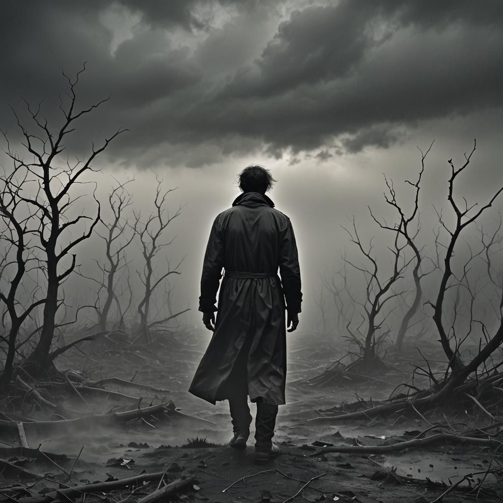 Shadowy Figure Disintegrates in Dark Landscape