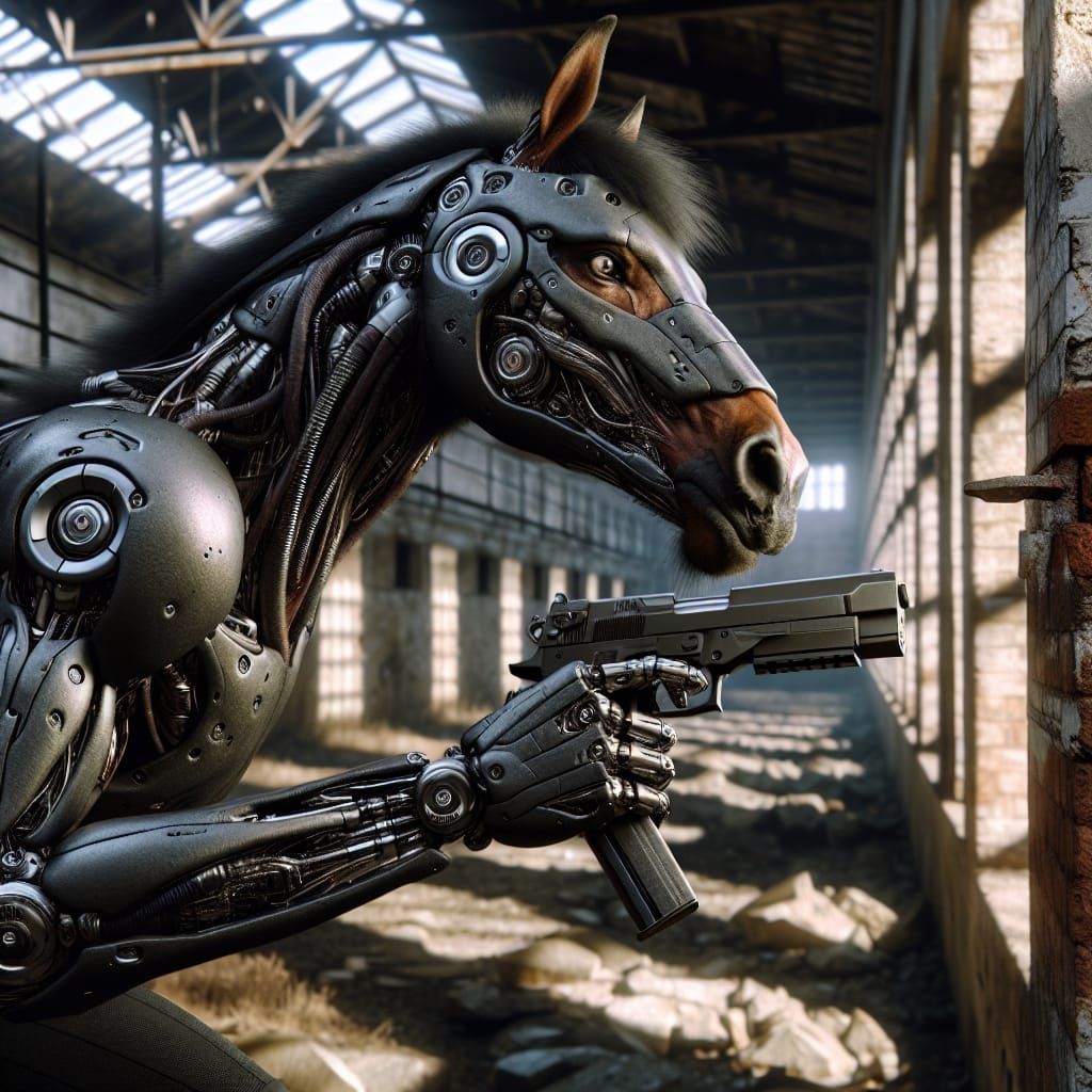 Cyborg Horse with Handgun in Abandoned Prison
