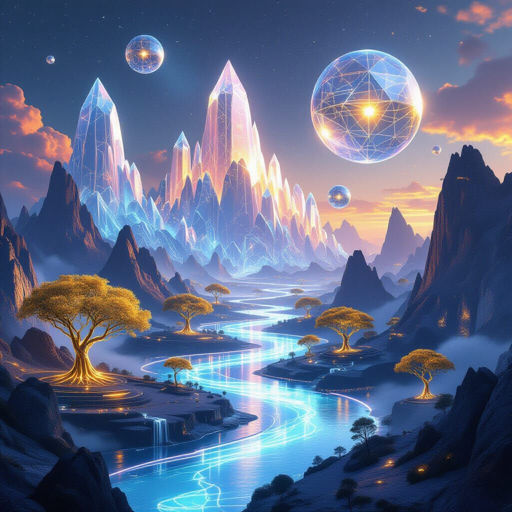 Crystal Mountains Cosmic Landscape with Floating Temples