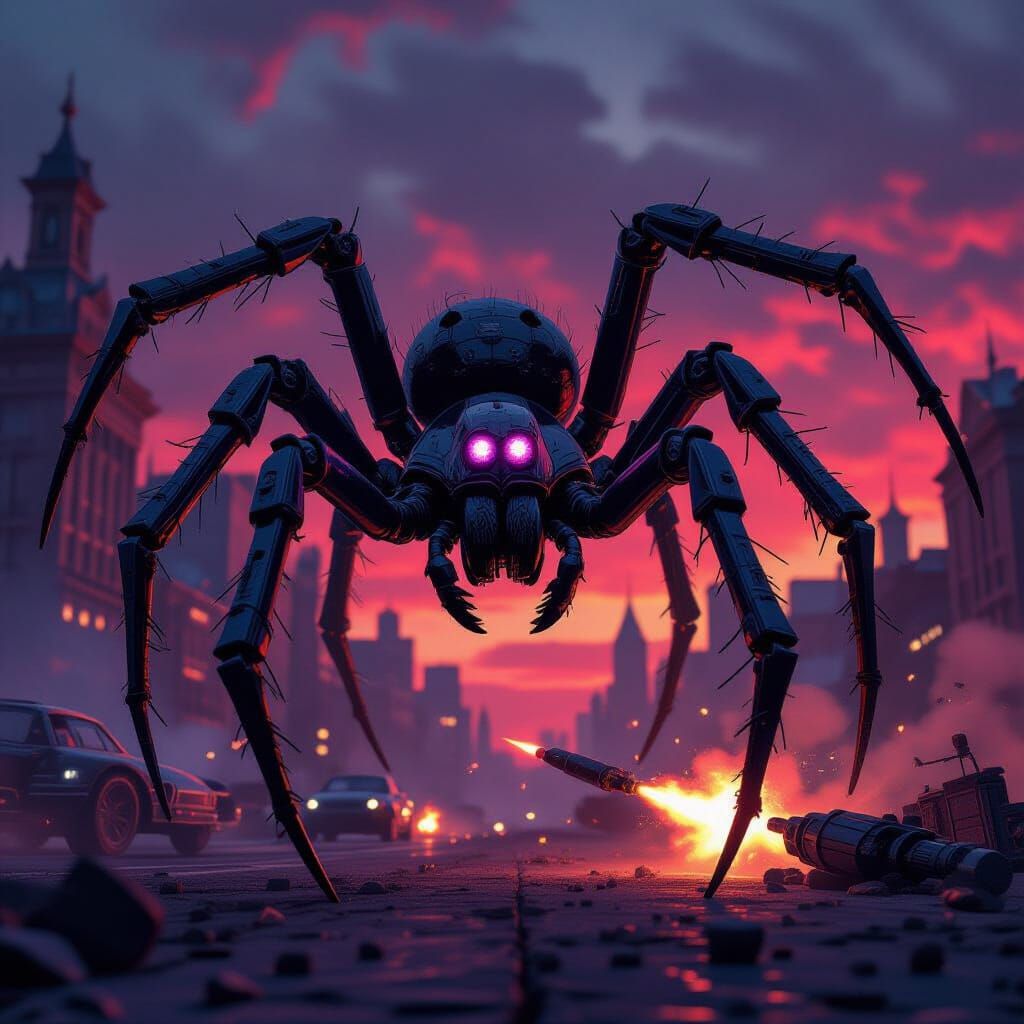 Cyberpunk Victorian Gothic Mecha Spider in Battle