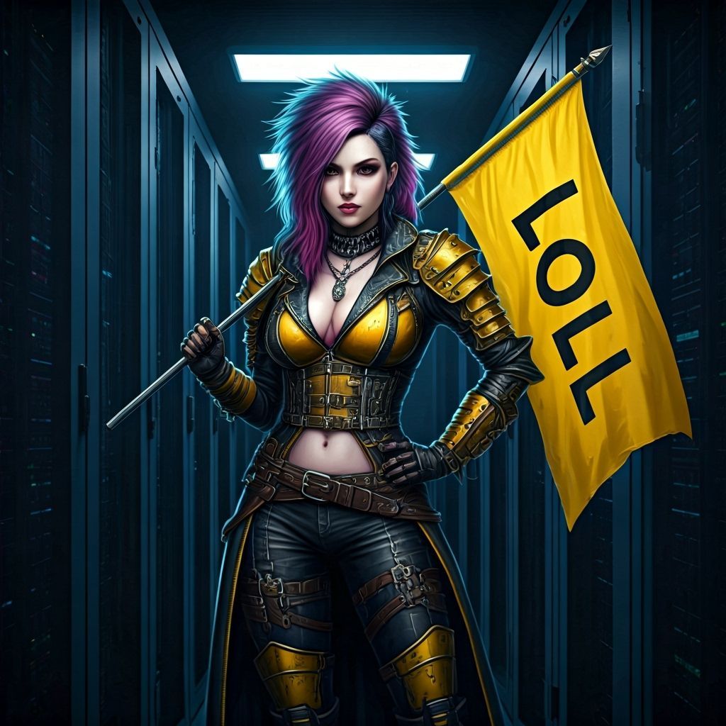 Alt Punk Pirate Woman Holds LOL Flag in Cyberpunk Server Roo...