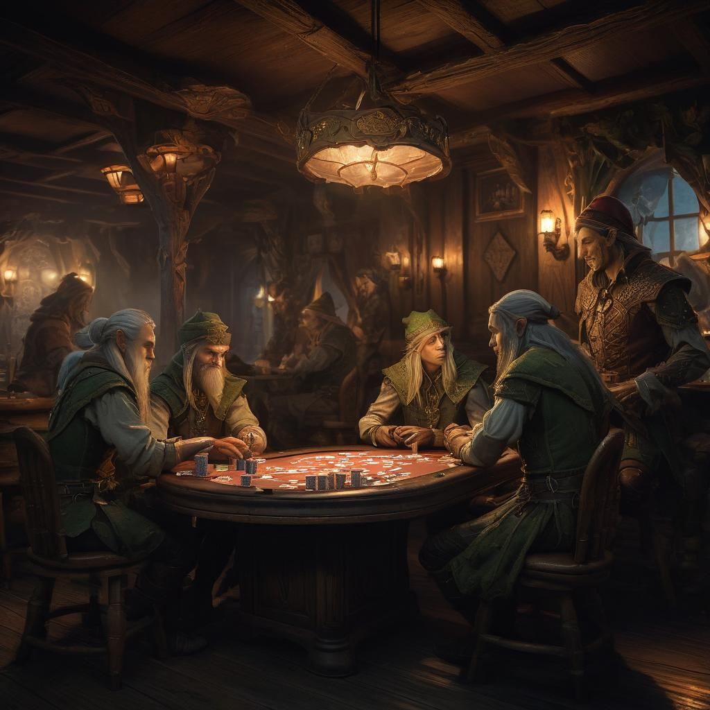 Elves Play Poker in Dim Tavern: Fantasy Art