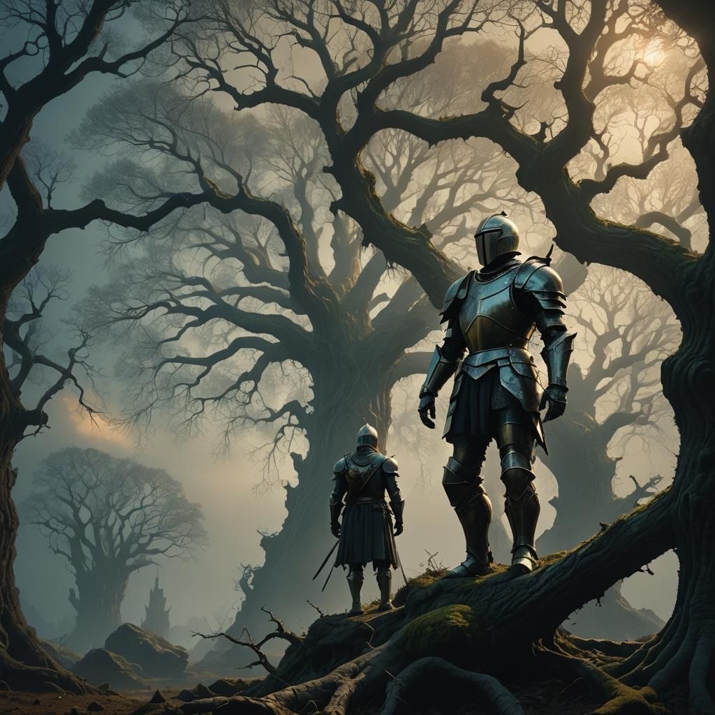 Tree Knight with Dragon Features in Ethereal Forest