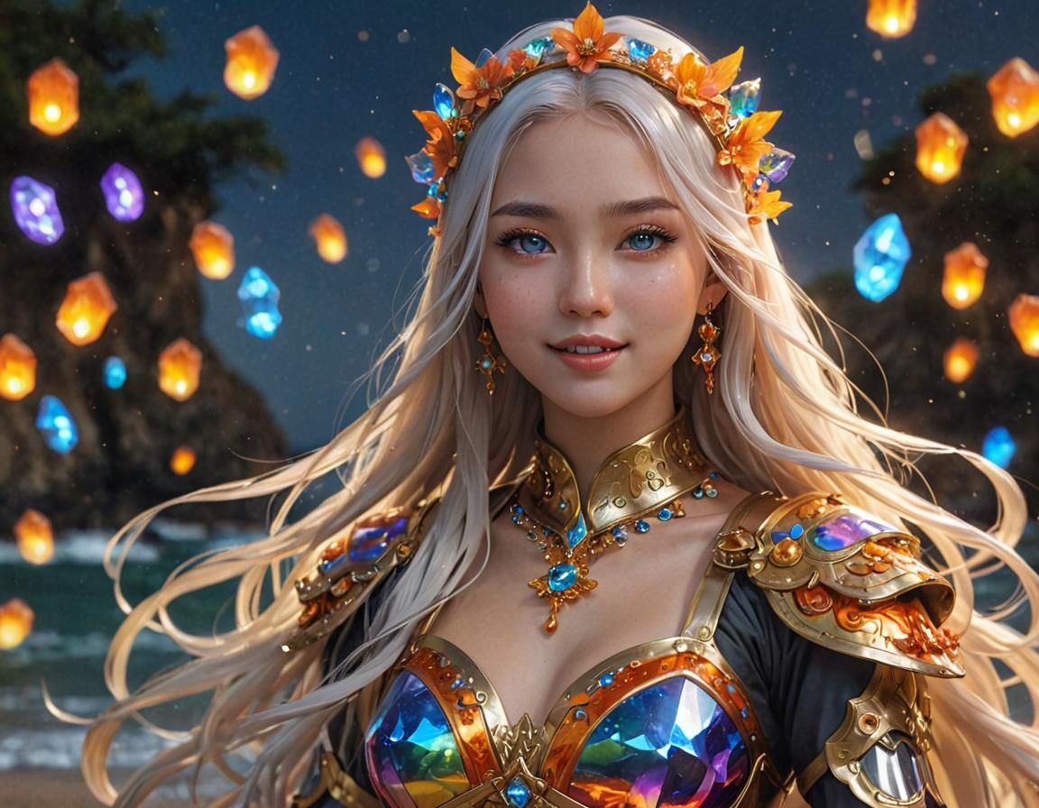 Anime Girl on Glass Beach at Dusk