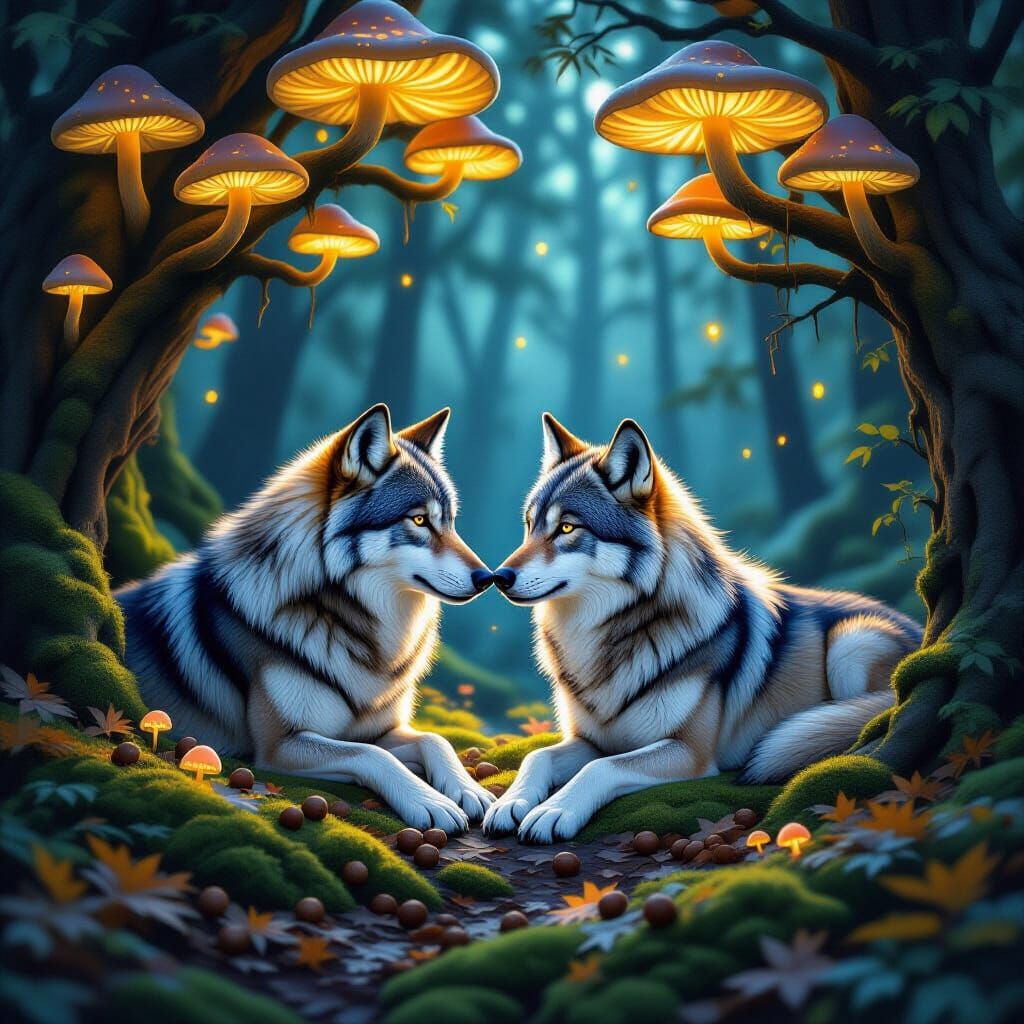 Wolves Under Bioluminescent Mushrooms in Fantasy Art Style