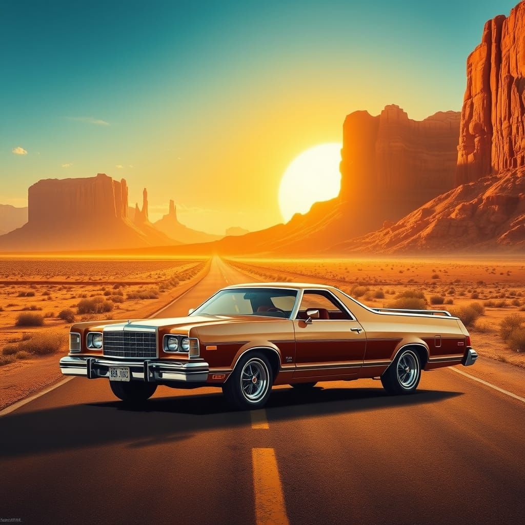 Vintage 1974 Ford Ranchero in Desert Sunset