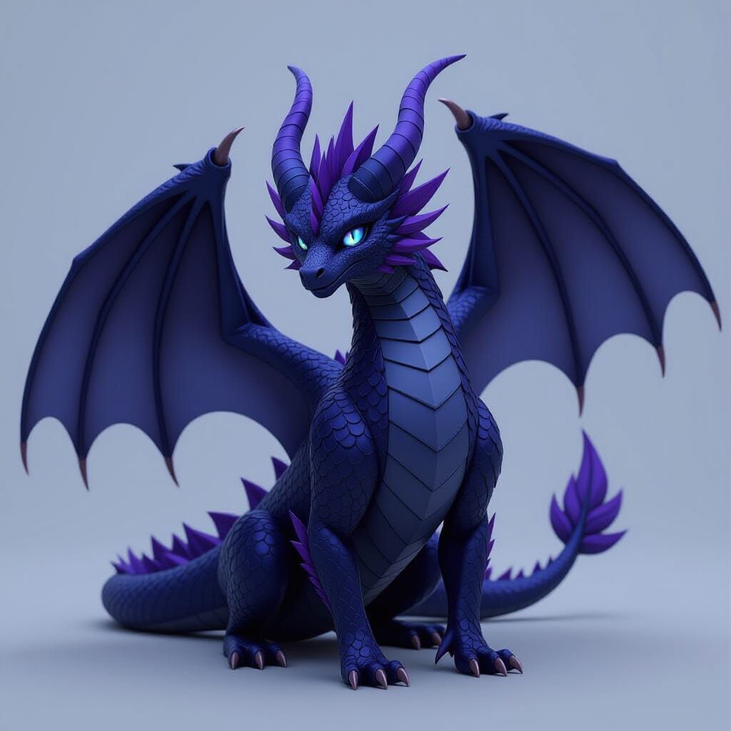 Majestic Black Dragon with Feather Wings in 3D Anime Style