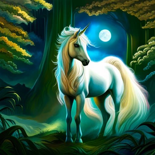 Realistic White Unicorn in Magical Forest