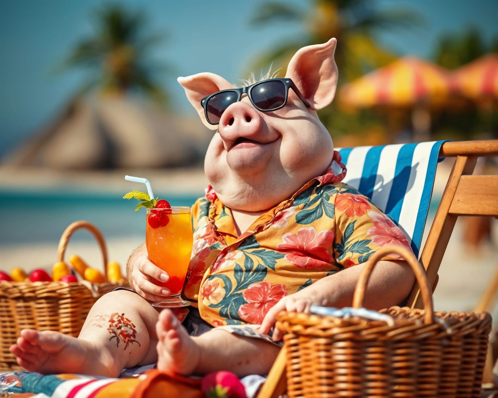 Anthropomorphic Pig Relaxing on Beach in Natural Lighting