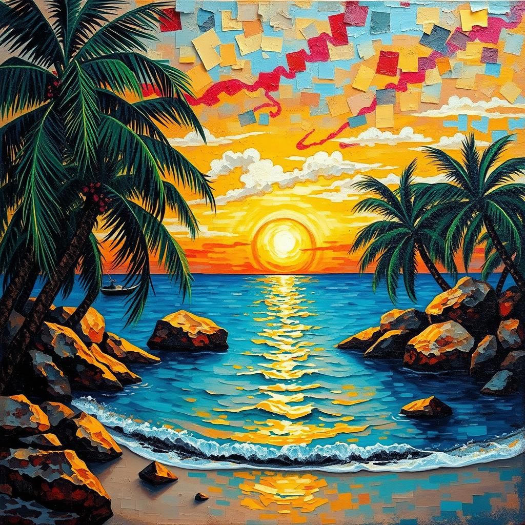 Tropical Sunset Beach: Expressionist Impasto Oil Painting