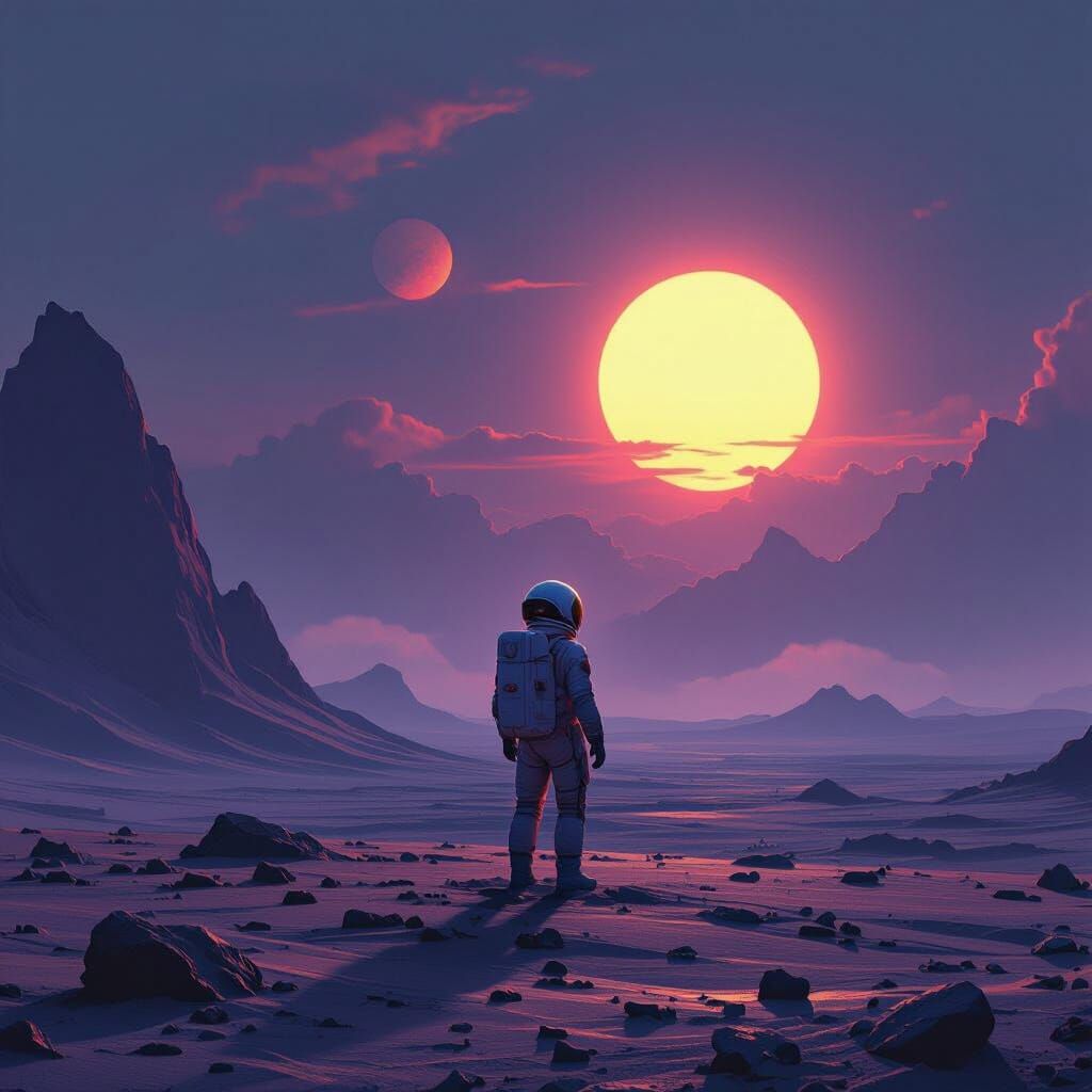 Solitary Astronaut on Alien Planet with Double Sunset