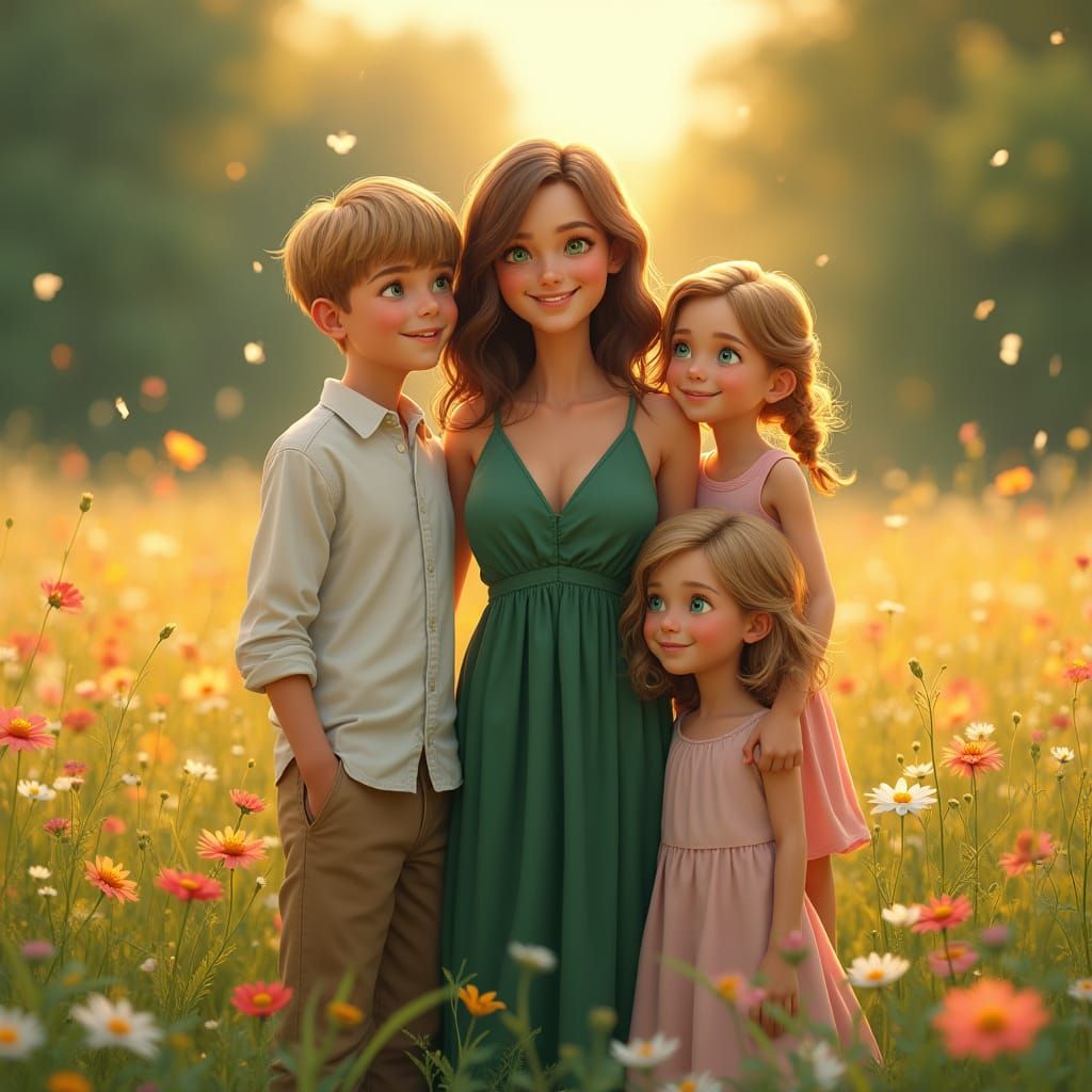 Loving Family Surrounded by Vibrant Wildflowers in Warm Gold...