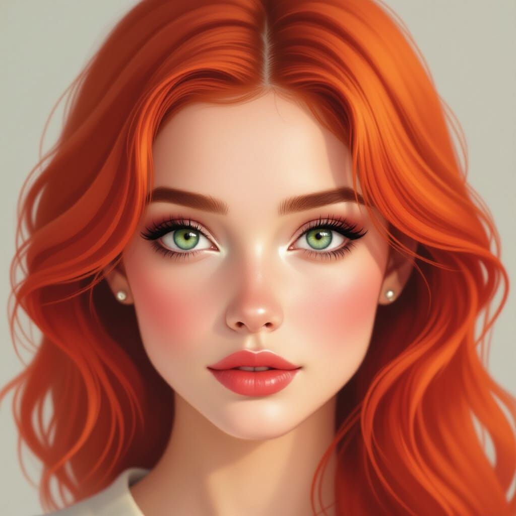 Vivid Red Haired Woman with Luminous Green Eyes