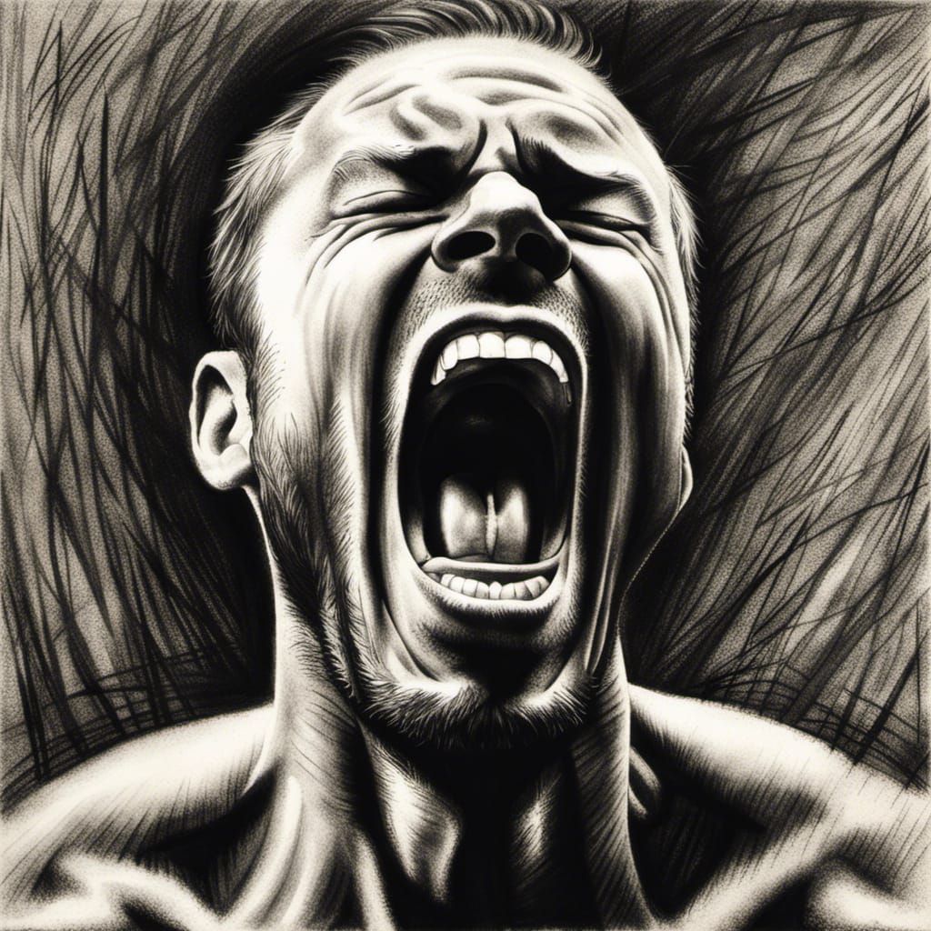 Detailed Charcoal Drawing of a Screaming Man