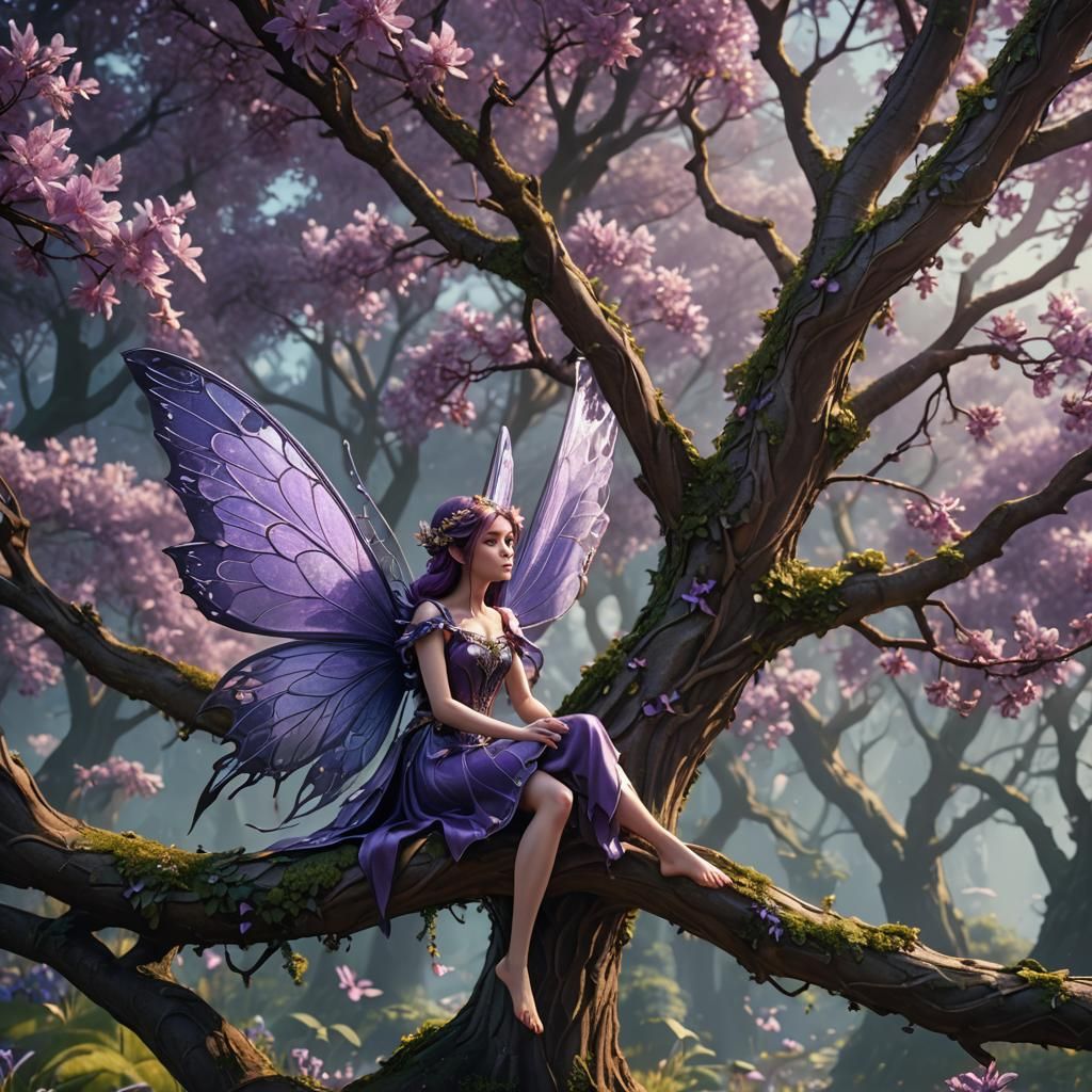 Purple Fairy on Tree Branch: Fantasy Art