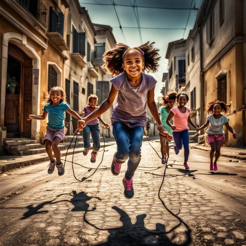 Children's Joyful Jump Rope Game in Hyperrealism