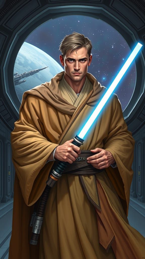 Strong Jedi Knight in Tan Robes, Holding Blue Lightsaber, Am...