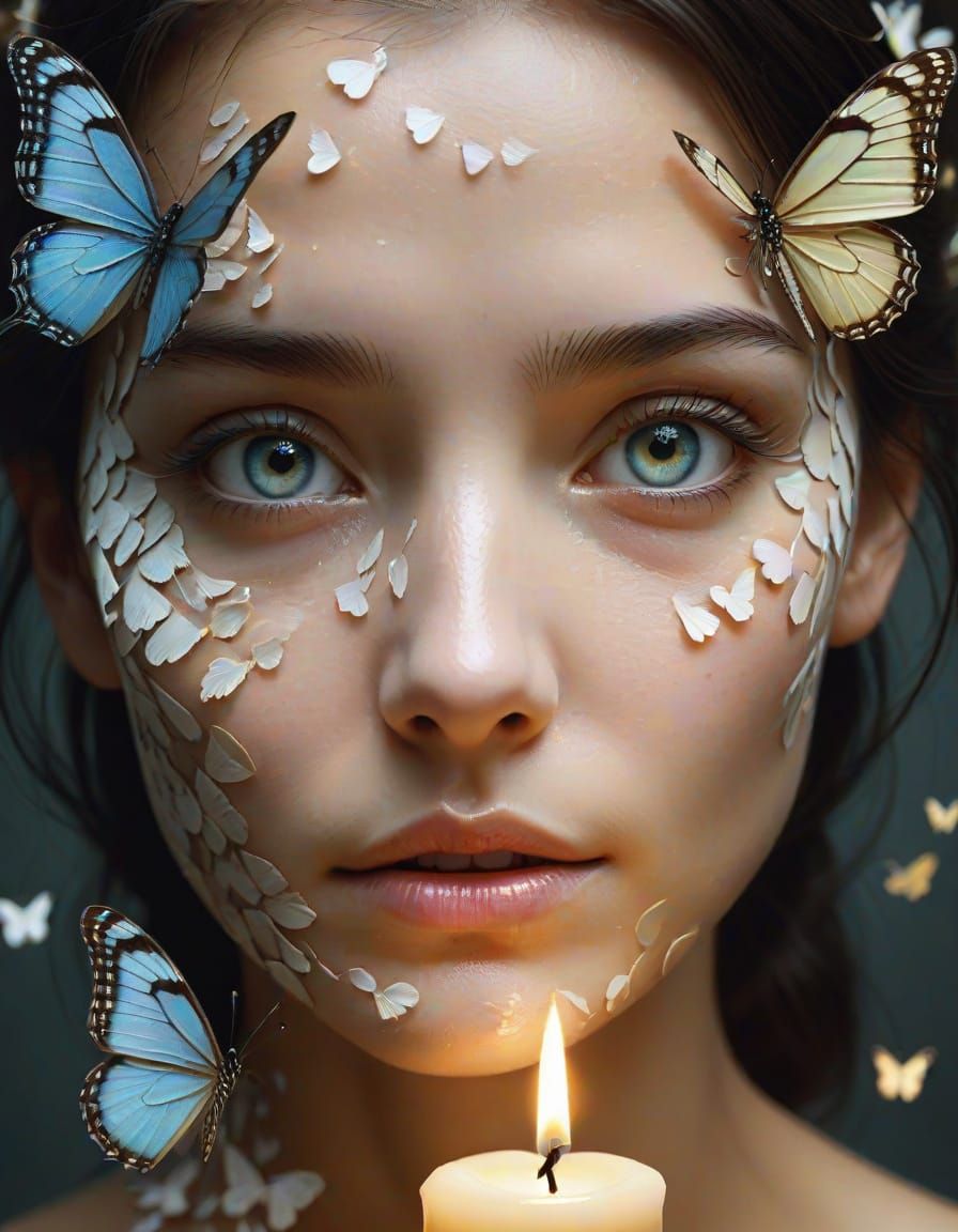 Woman's Face Formed by Butterfly Wings Reflecting Candleligh...