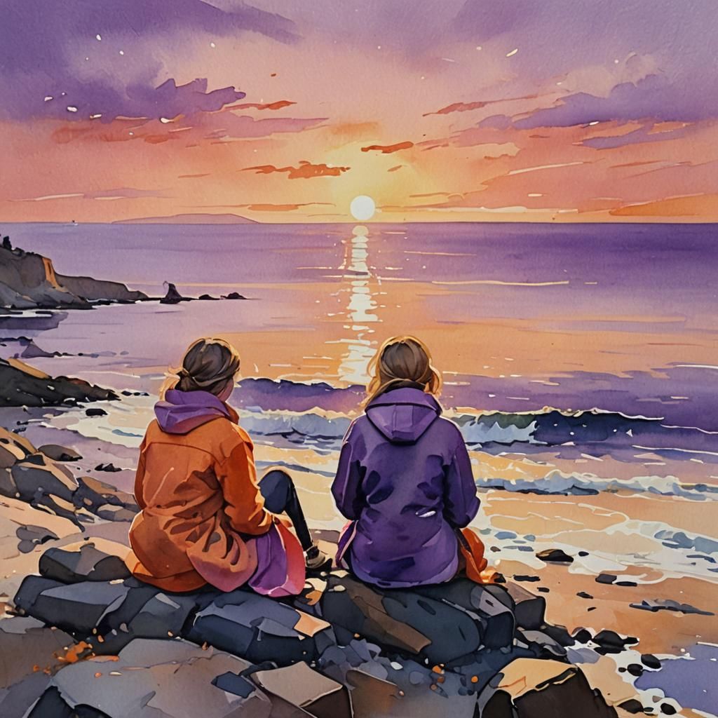 Seaside Sunset Gouache Watercolor Painting