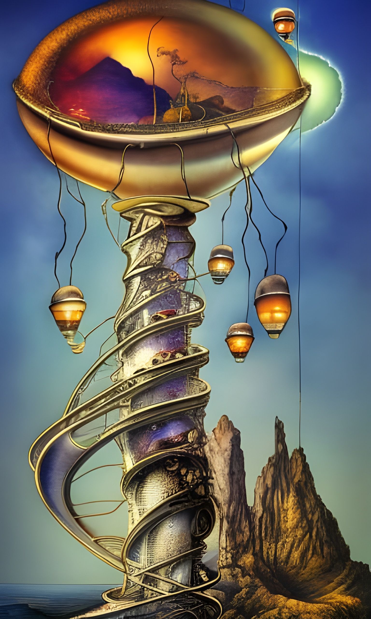 Surreal Lighthouse with Giant Lightbulb in Surrealist Style