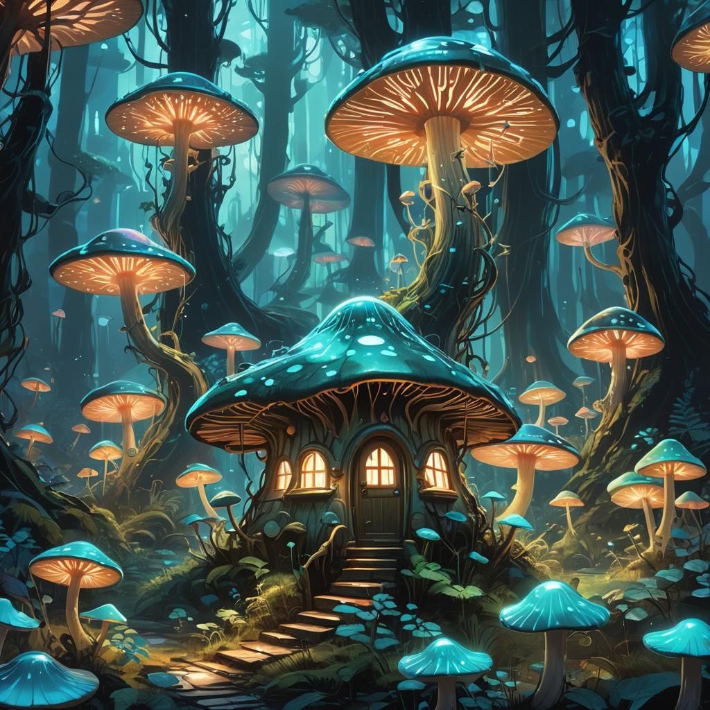 Glowing Mushroom House in Bioluminescent Forest