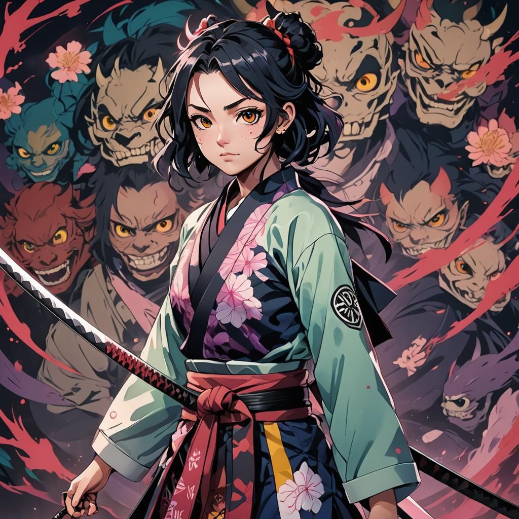 Demon Slayer Girl in Kimono Anime Style