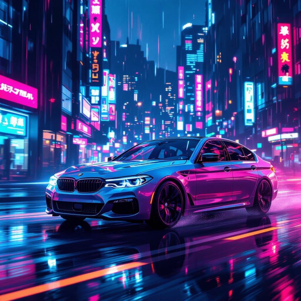 Neon BMW 5 Series in Cyberpunk Cityscape