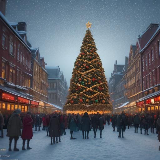 Festive City Square Christmas Celebration in Digital Paintin...