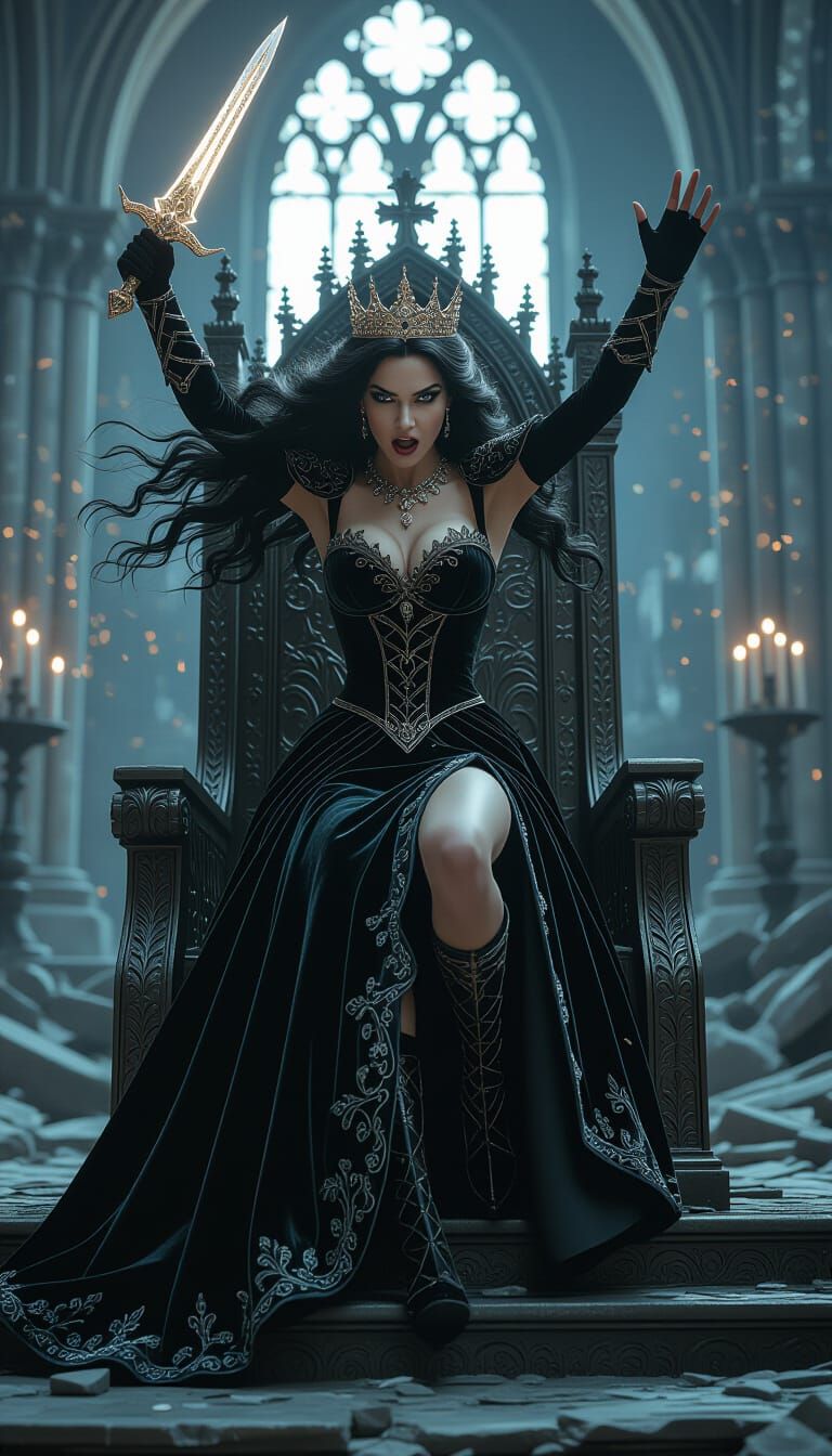 Furious Queen Leaps with Dagger in Gothic Cathedral