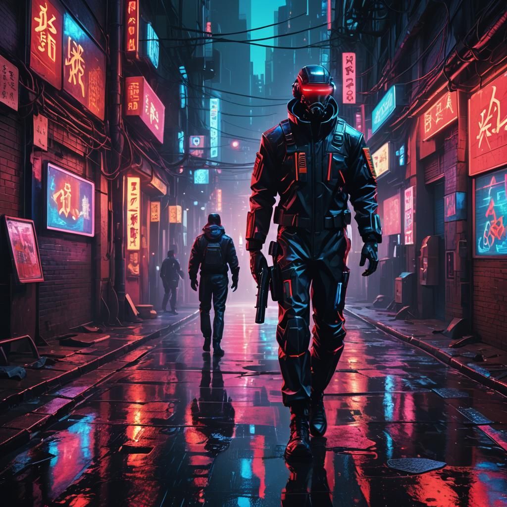 Cyberpunk KGB Agent in Neon-Lit Alley