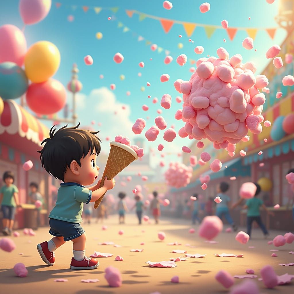 Whimsical Fairground Scene: Joyful Student Launches Ice Crea...