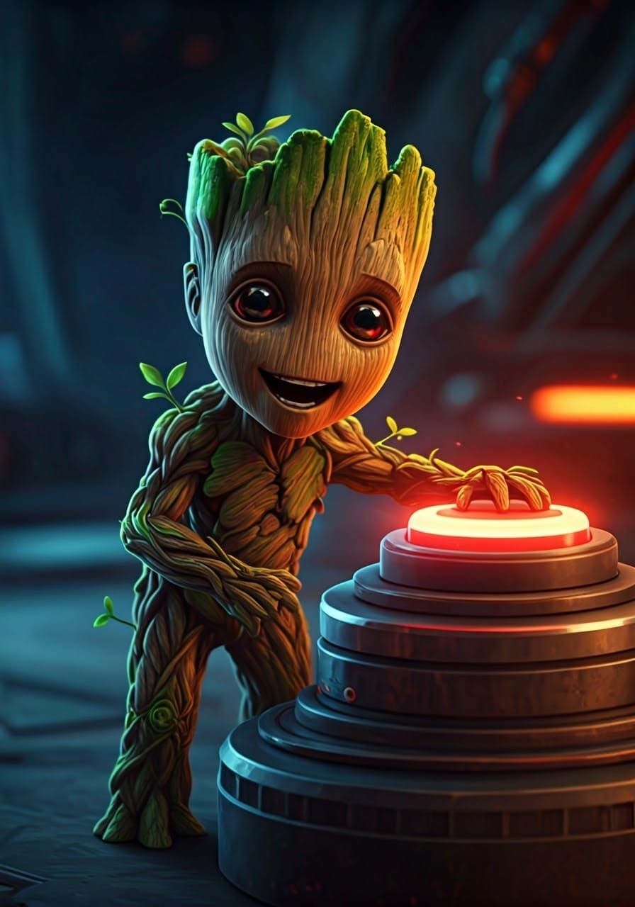 Groot Presses Futuristic Button in Neon-Lit Environment