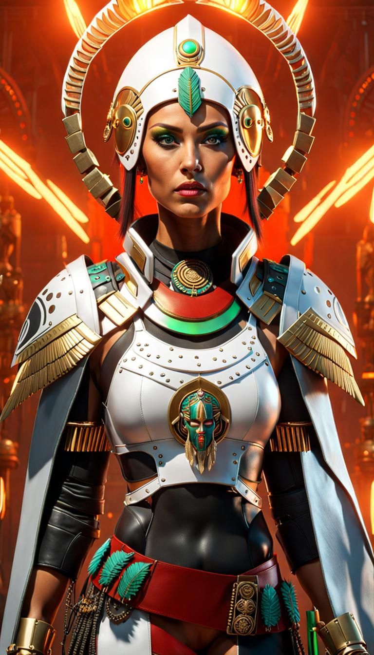 Aztec Warrior Woman in Cyberpunk Servo-Armor