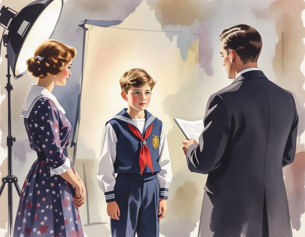 Watercolor Portrait: Young Sailor in Photo Studio