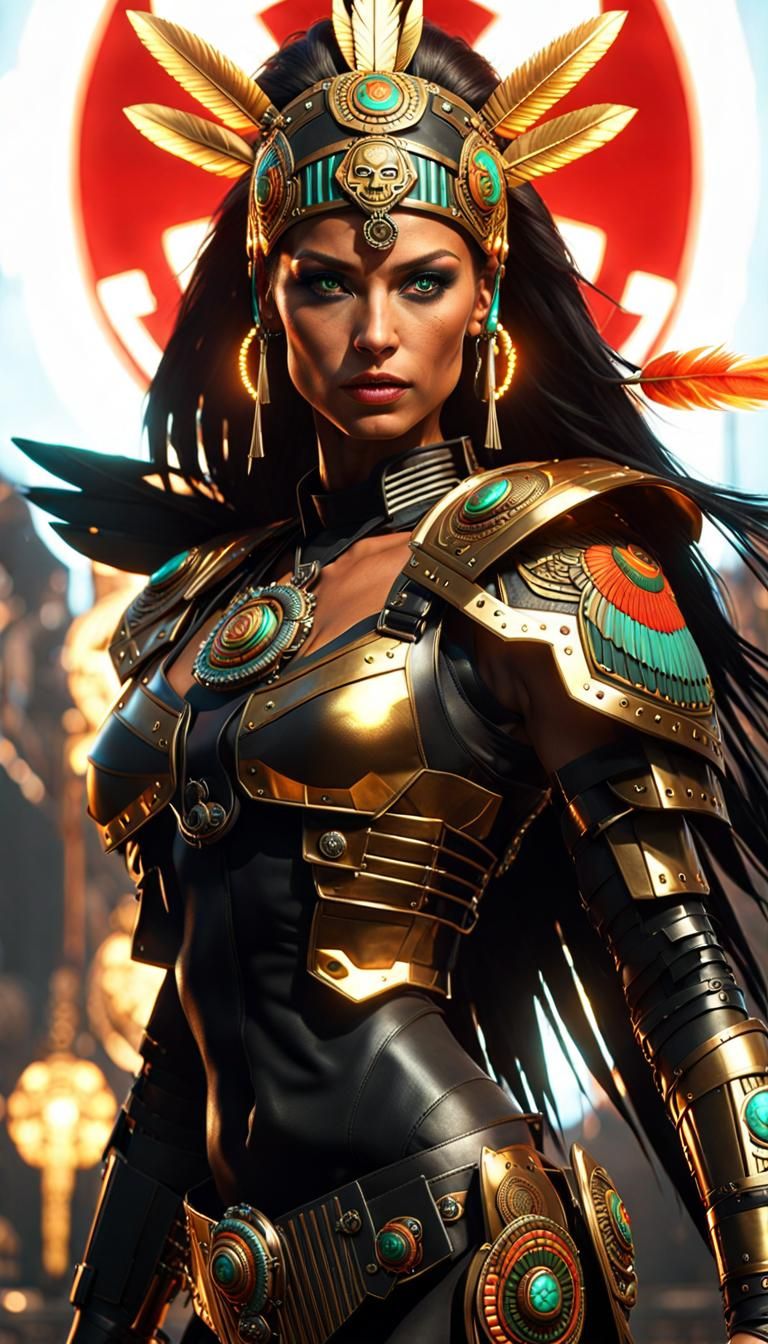 Aztec Warrior Woman in Cyberpunk Servo-Armor
