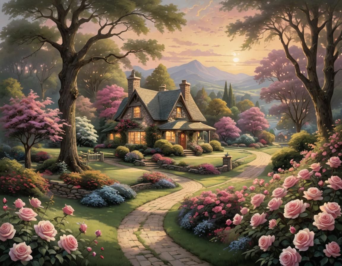 Sunset Cottage in Impressionist Gouache Style