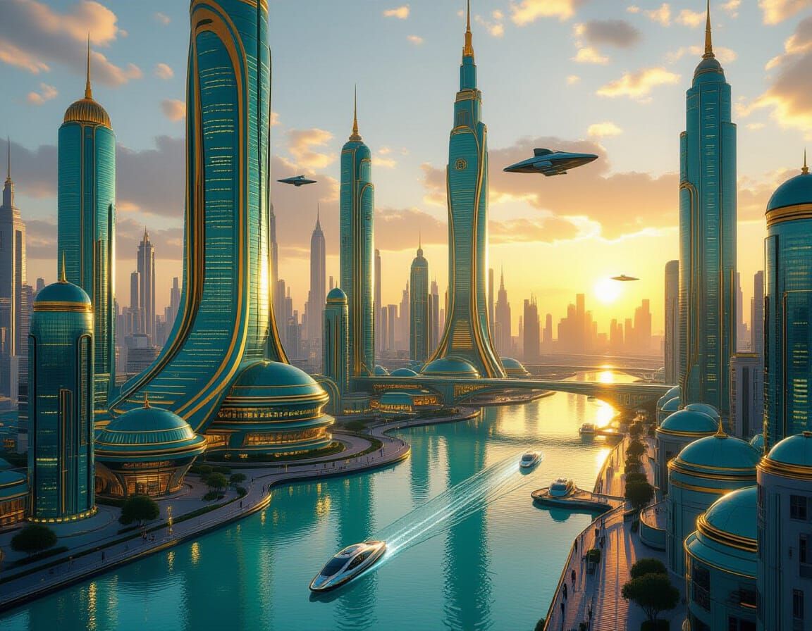 Golden Futuristic City at Sunrise in Teslapunk Style