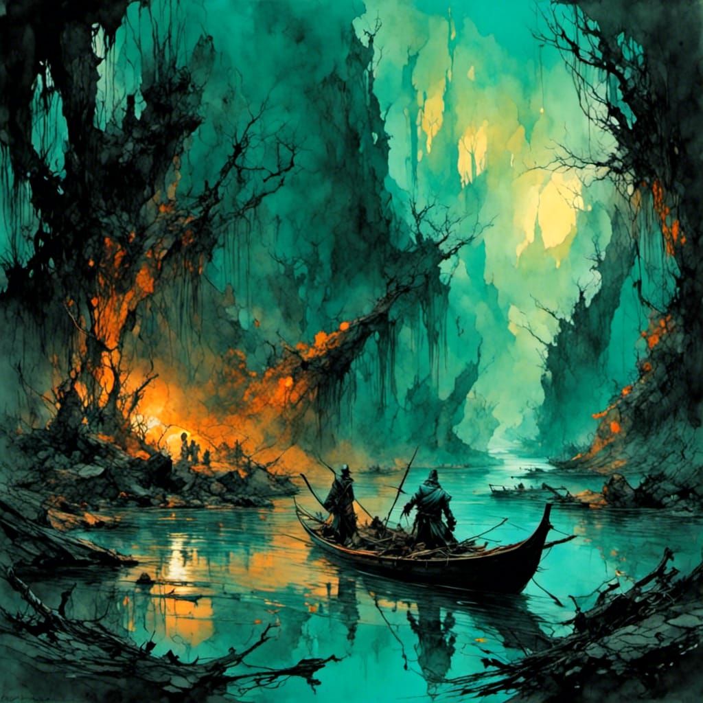 Charon's Bioluminescent River Crossing: Fantasy Concept Art