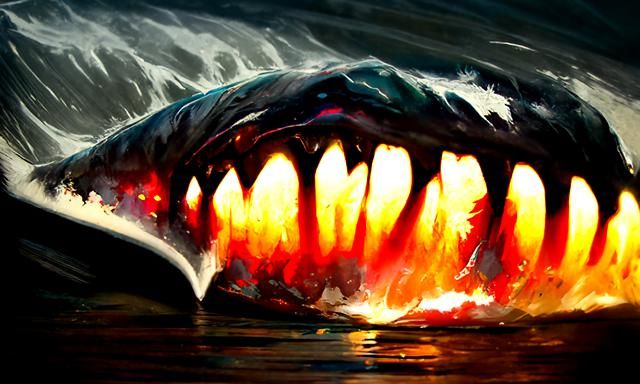 Bioluminescent Megalodon Breaching Bloody Ocean Surface